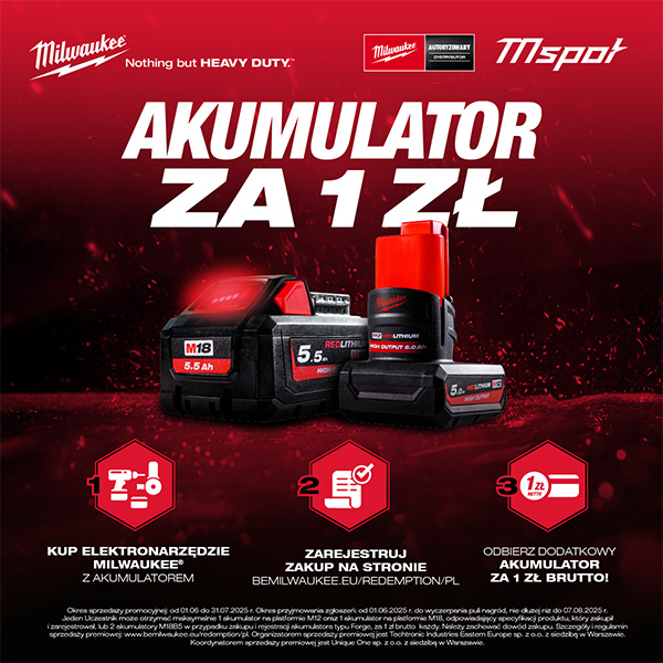 Kampania Milwaukee REDEMPTION , zrób zakupy, otrzymaj drugi akumulator za 1 pln.