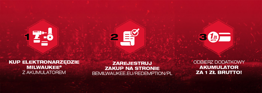 1) Kup elektronarzędzie Milwaukee
2) Zarejestruj zakup na stronie bemilwaukee.eu/redemption/pl
3_ Odbierz dodatkowy akumulator a 1 zł brutto