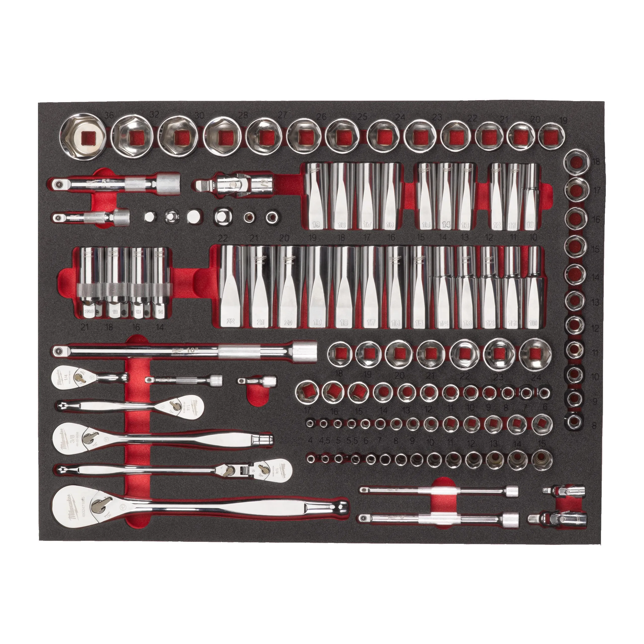 Zestaw grzechotek i nasadek z wkładką piankową 1/4˝, 3/8˝, 1/2˝